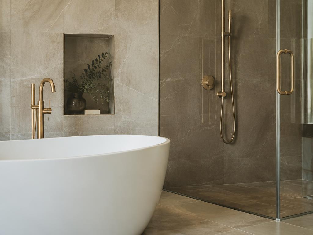 Finished bathroom remodel with freestanding tub and stone tile