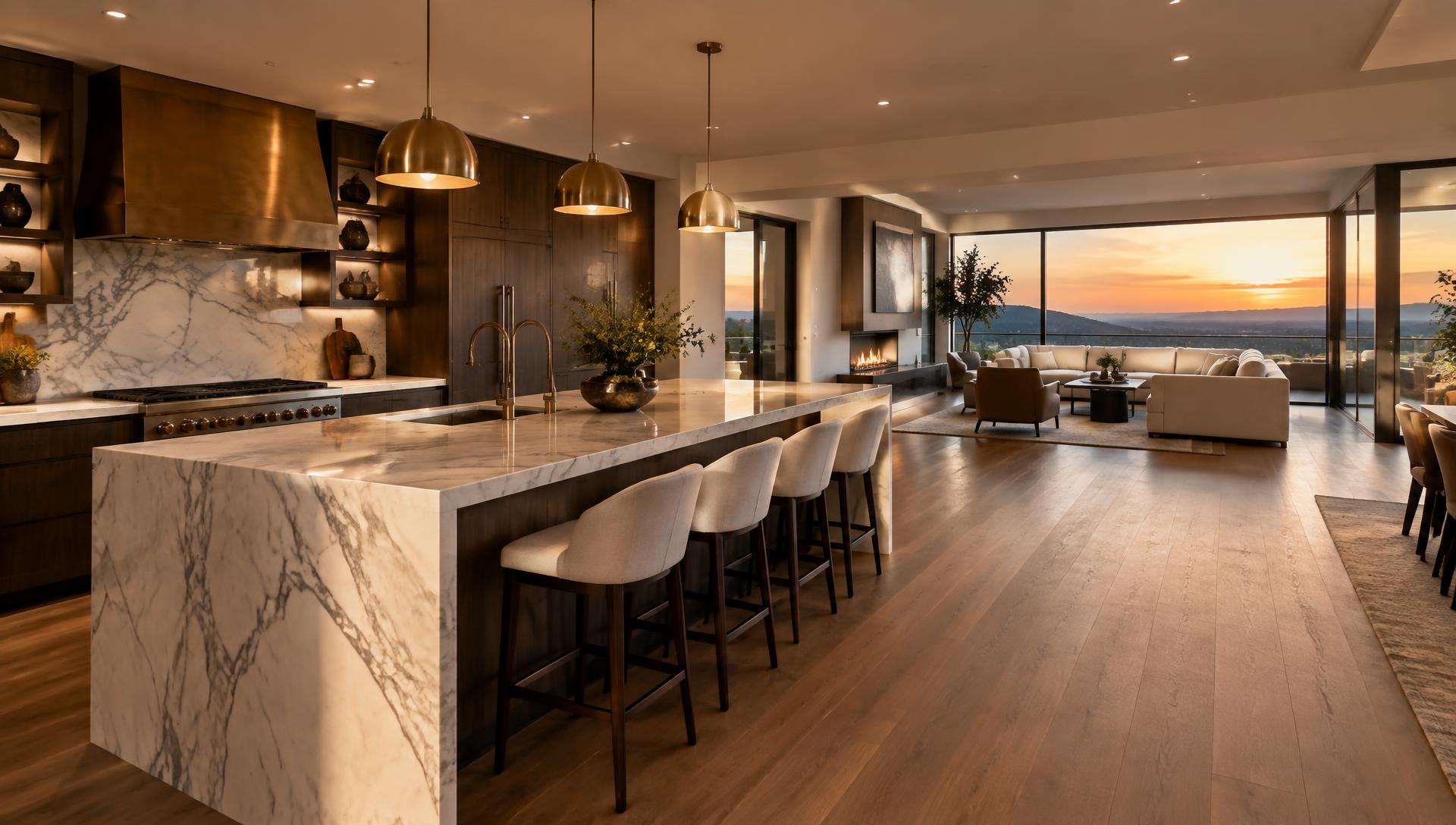 High-end kitchen and living room remodel by a home improvement contractor