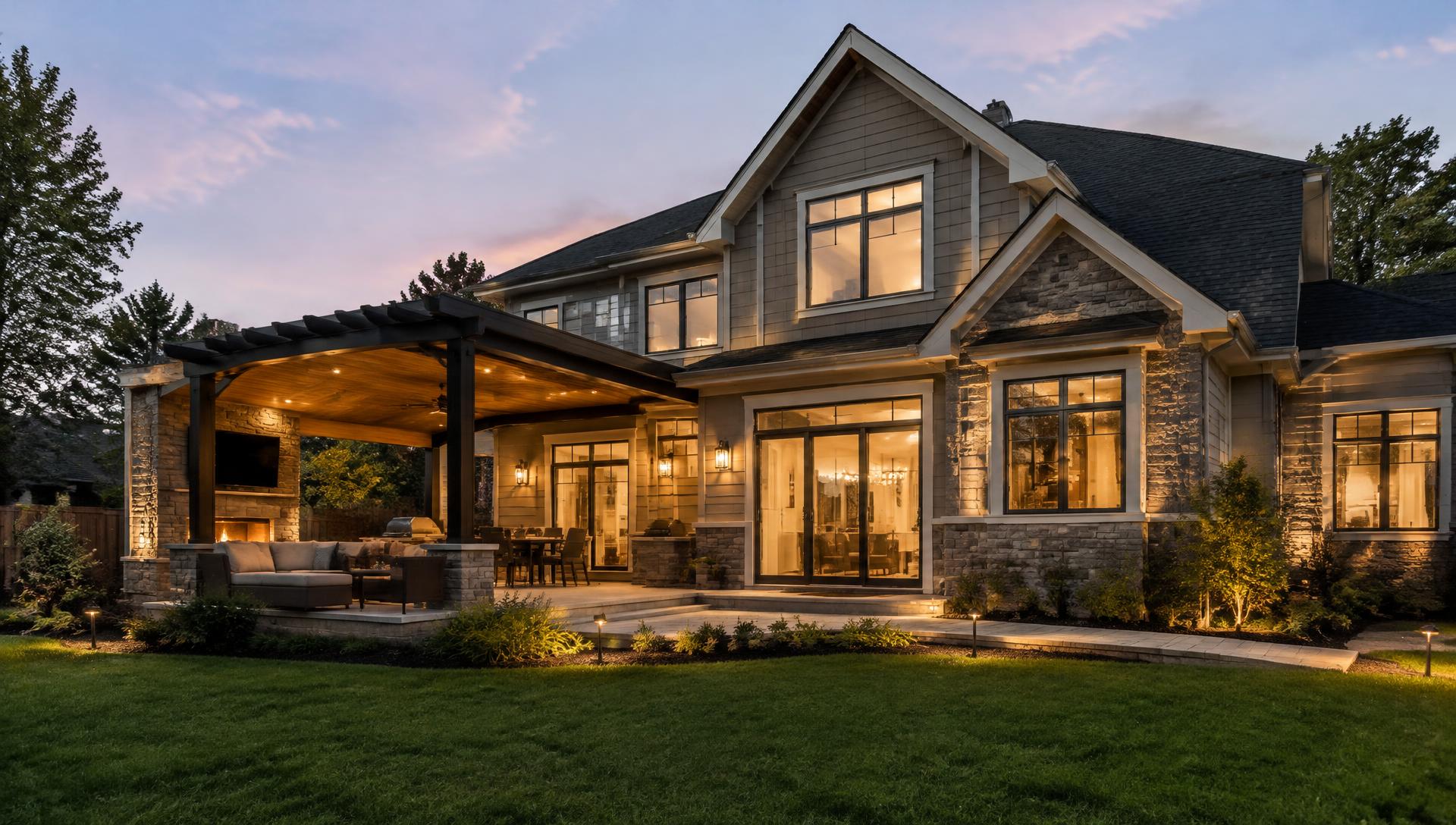 Remodeled home exterior with new siding and covered pergola patio at dusk