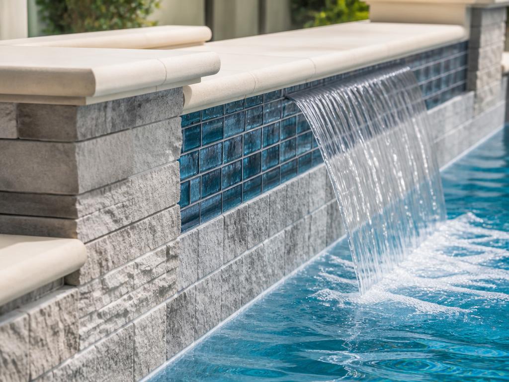 High-end pool craftsmanship with stone waterfall feature and glass tile