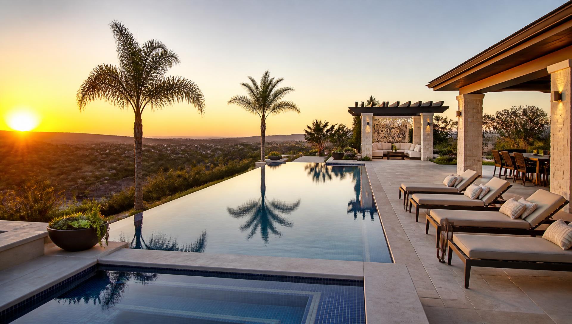 Luxury backyard infinity pool at sunset built by a high-end pool builder
