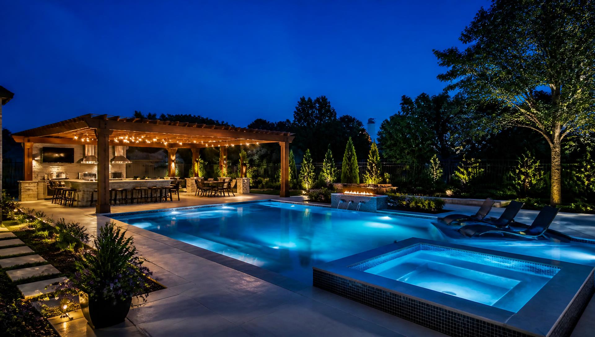 Luxury backyard pool and outdoor living space lit up at night